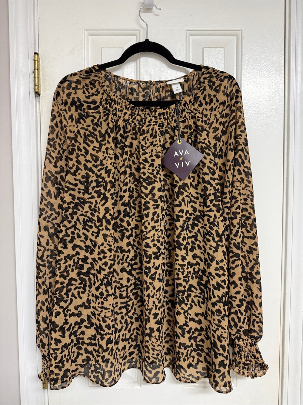Ava & Viv Tan and Black Leopard Print Long Sleeve Blouse